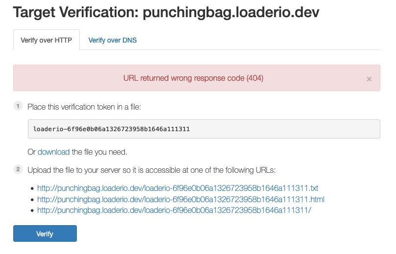 Screenshot of target host verification failure: URL returned the wrong response code (404)