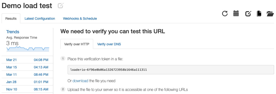 Screenshot of loader.io verification instruction prompt after a test run failed to verify the host