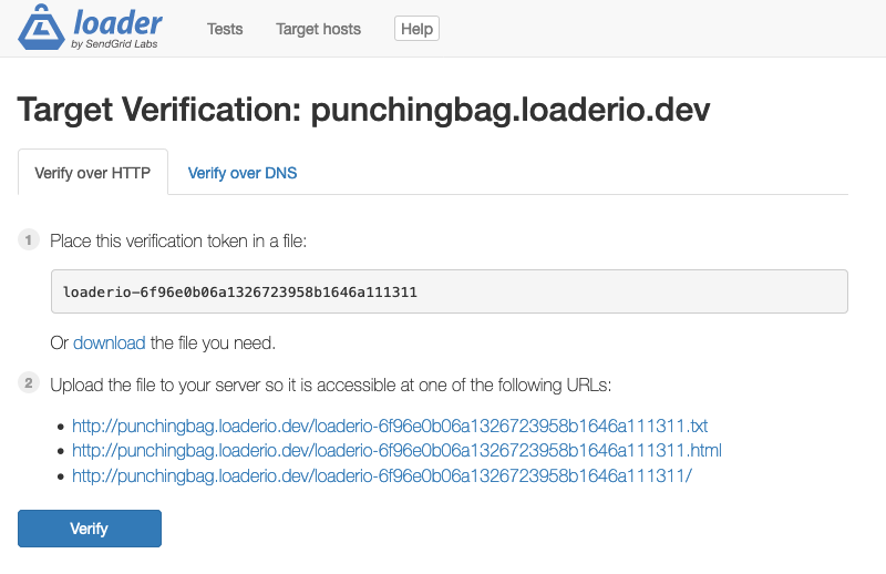 Screenshot of loader.io target host verification instructions